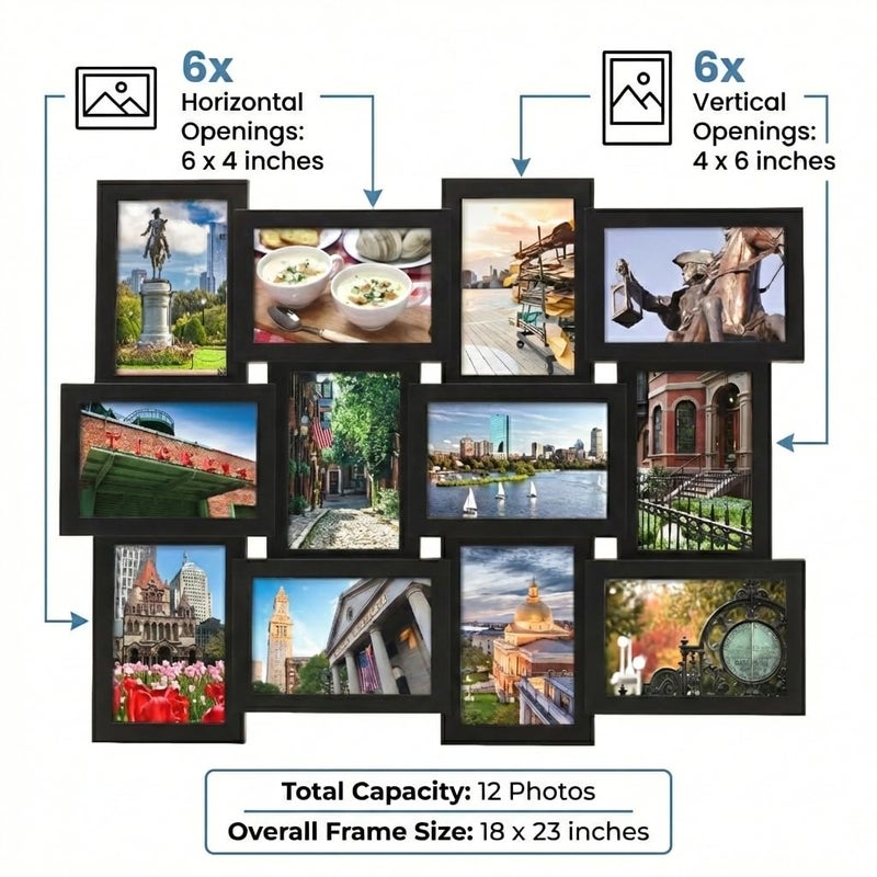 MELANNCO Collage Picture Frame for Wall, Holds 12 Photos - Six 4x6 and Six 6x4 Images, 18x23 Inch Black Plastic Frame, Hang Horizontal or Vertical, Gallery Wall Decor - Image 2