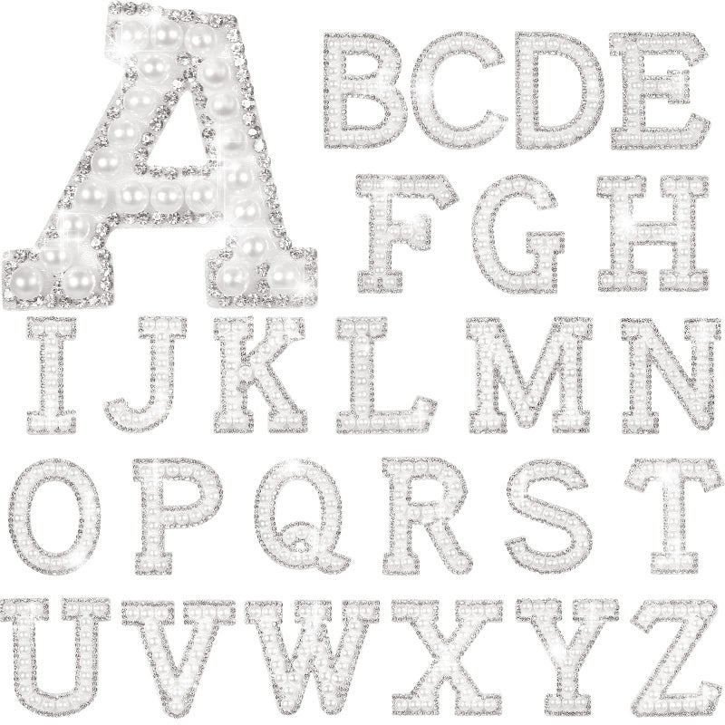Waydress 26 Piece Rhinestone Iron on Patch A to Z Letter Appliques Adhesive White Pink Colorful Pearl Bling Patch Glitter Alphabet Embellishments for DIY Craft Supplies(Solid White) - Image 1