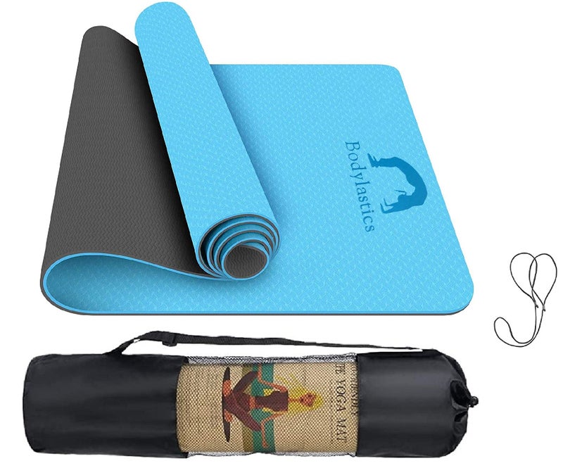 Bodylastics Yoga Mat for Men and Women with Carry Bag TPE 6ft x 2ft x 6mm Large Size Anti Slip & Anti Tear Workout Mat (Blue/Black Mat Only) - Image 4