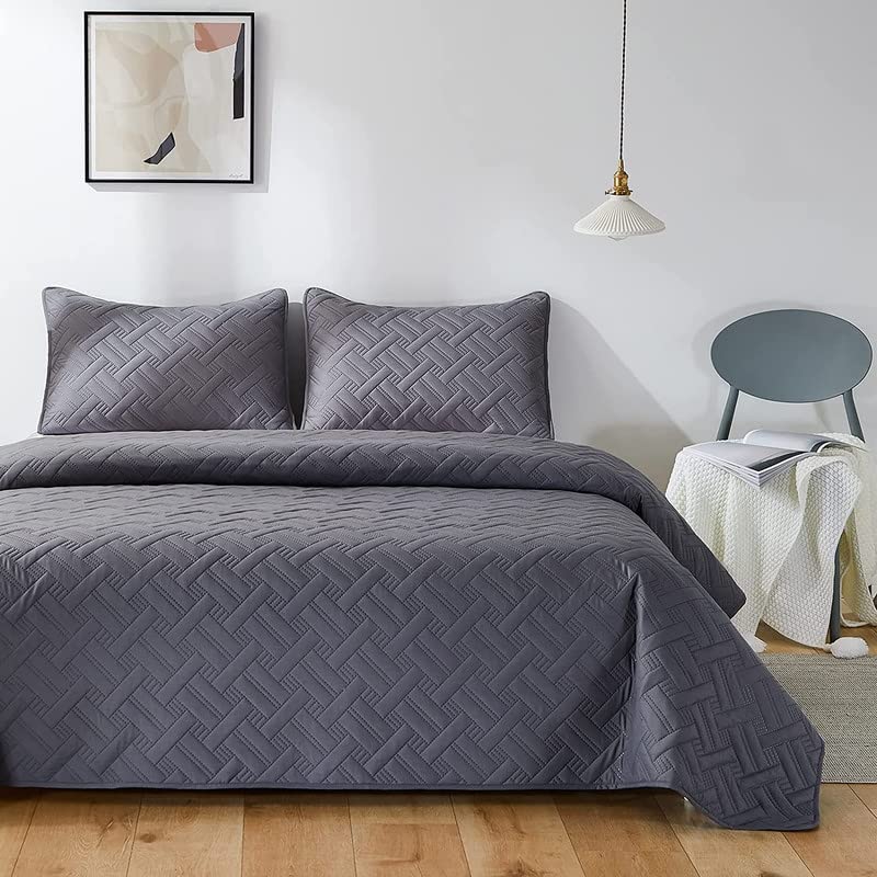 BSB HOME غطاء سرير كينج بحجم 100% قطن بتقنية فوق الصوتية 280 Tc بلون رمادي داكن مع 2 غطاء وسادة 90X100 بوصة 254X228 سم - Image 1