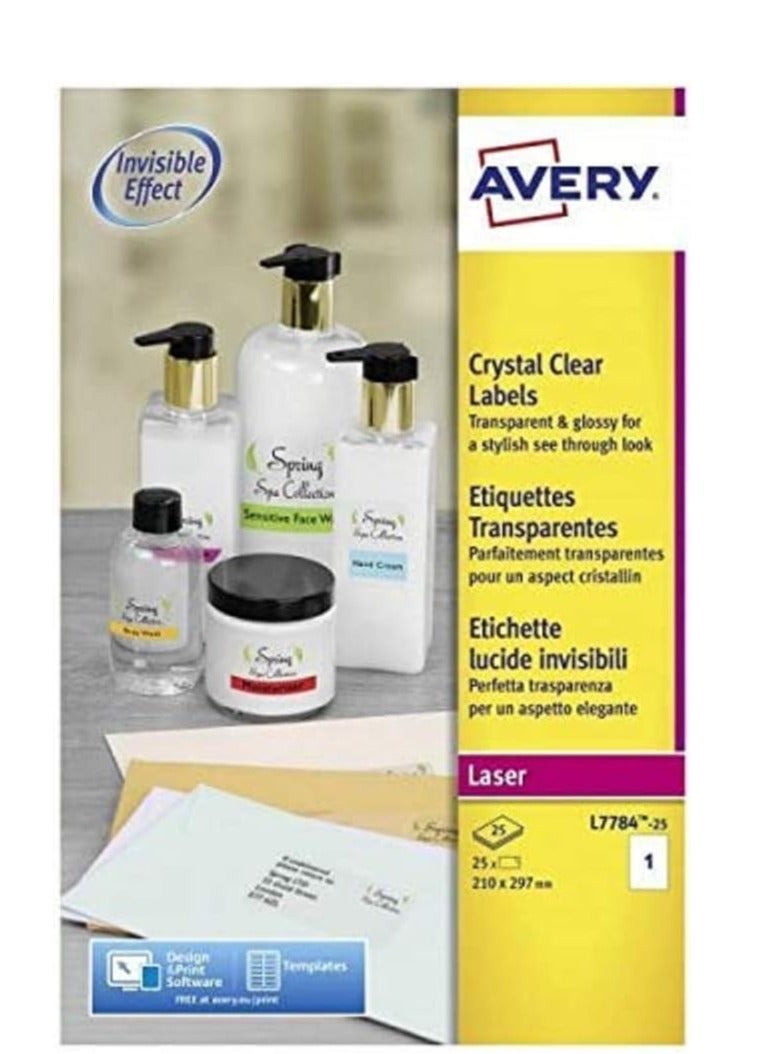 AVERY ملصقات شفافة لامعة ذاتية اللصق من أفيري L7784-25، 1 ملصق لكل ورقة A4 - Image 1