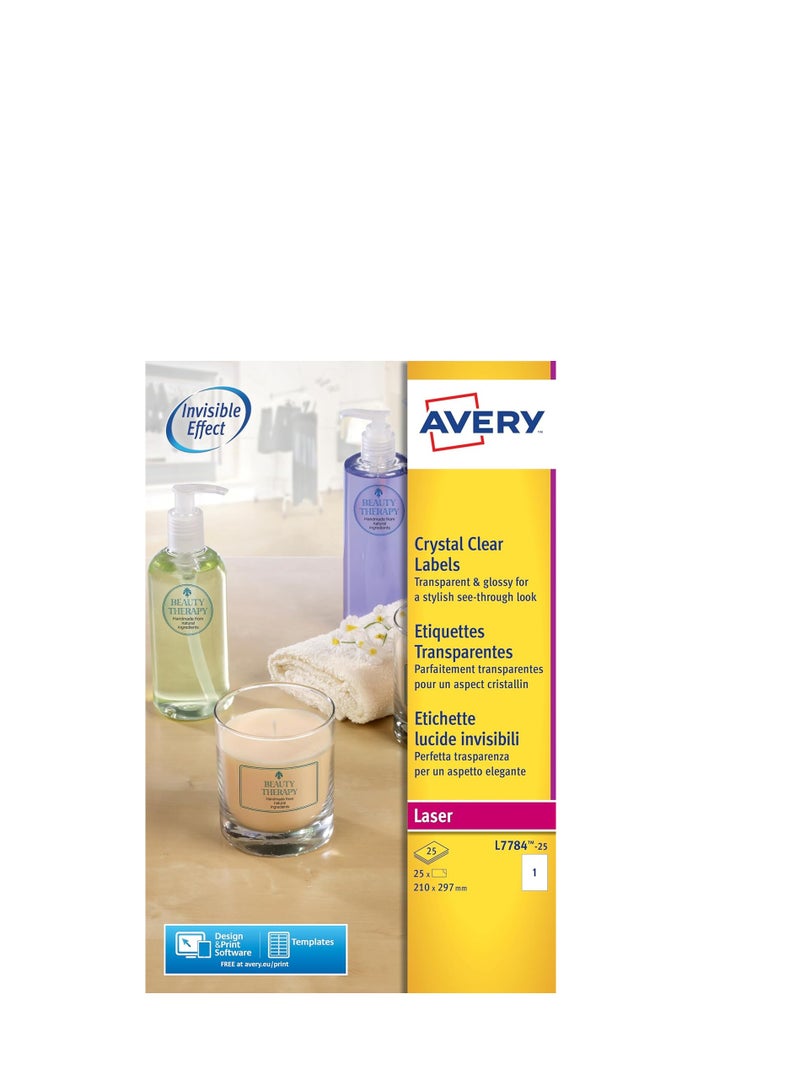 AVERY ملصقات شفافة لامعة ذاتية اللصق من أفيري L7784-25، 1 ملصق لكل ورقة A4 - Image 2