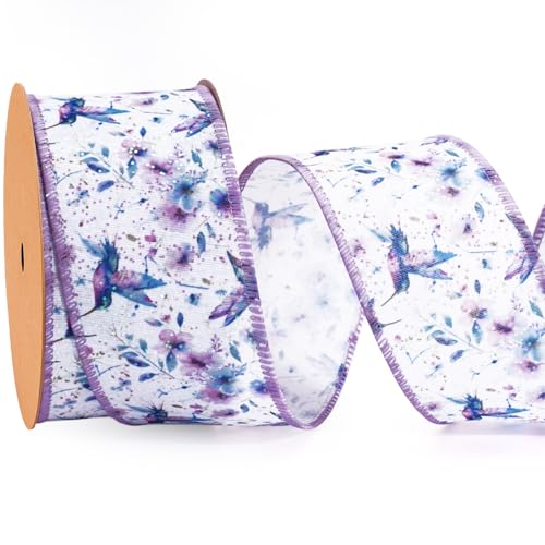 Laribbons Spring Floral Wired Ribbon with Hummingbird, 2.5 Inch x 10 Yards, Purple Flower Ribbon for Wreaths, Bows, Crafts & Home Decor - Image 1