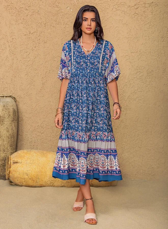 Take Two Take Two Women Blue All Over Print Midi Dress