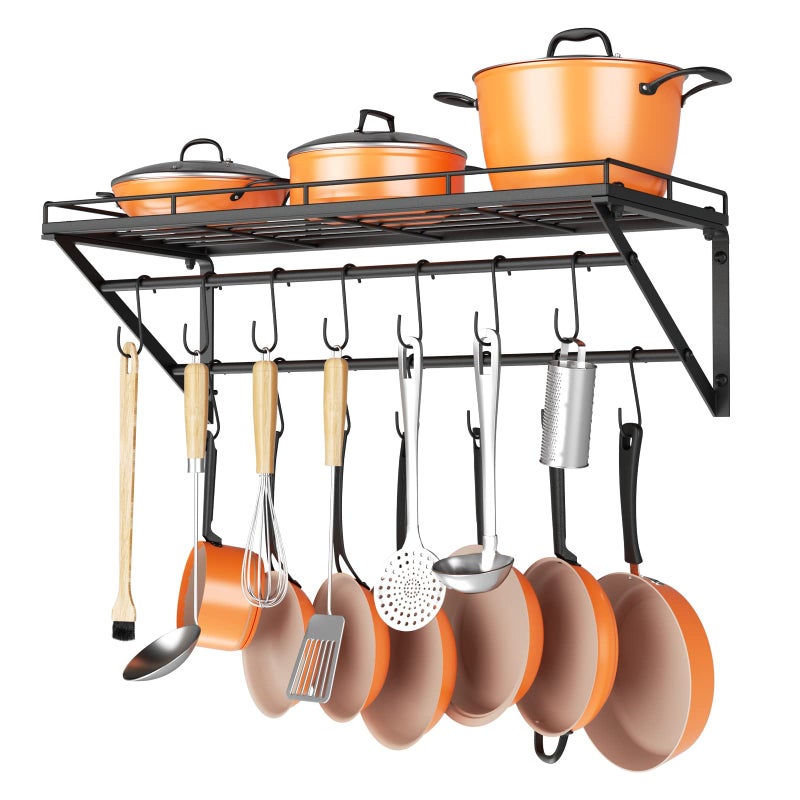 OROPY 31 Inch Wall Mounted Pot Rack Storage Shelf with 2 Tier Hanging Rails 14 S Hooks included Ideal for Pans Utensils Cookware  Black