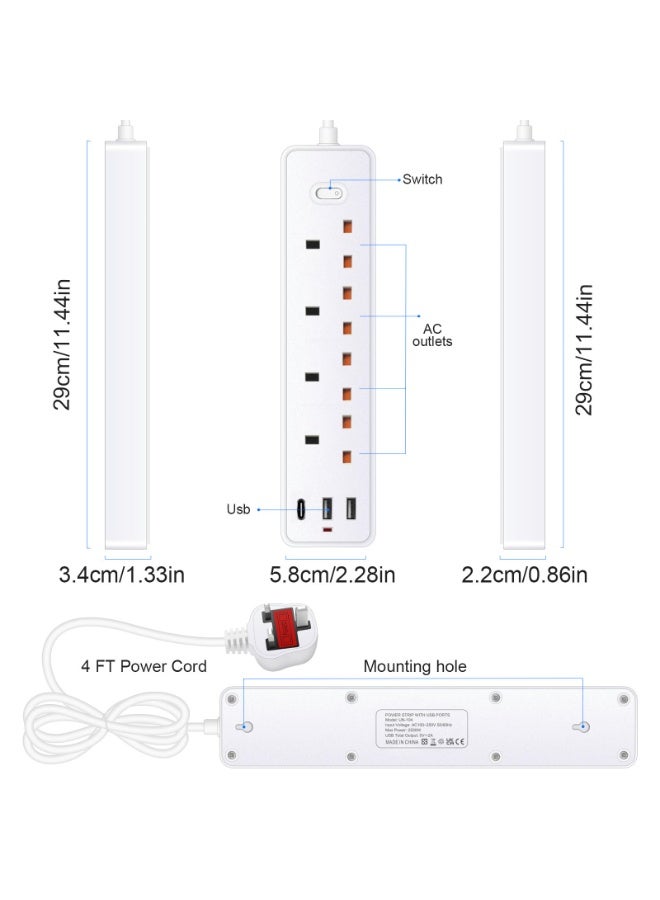 13A UK Plug Power Strip with 1.2M Extension Cord, Surge Protected Multi Socket Extension Lead, 4 AC Outlets + 2 USB Ports + 1 PD Type-C Port, Safety On/Off Switch for Home & Office Use - Image 2