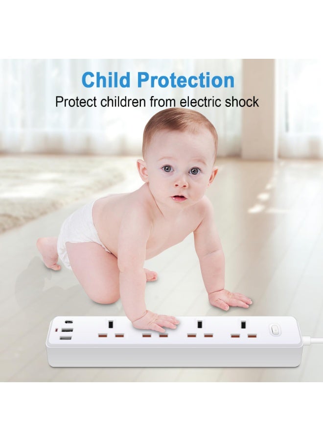 13A UK Plug Power Strip with 1.2M Extension Cord, Surge Protected Multi Socket Extension Lead, 4 AC Outlets + 2 USB Ports + 1 PD Type-C Port, Safety On/Off Switch for Home & Office Use - Image 4