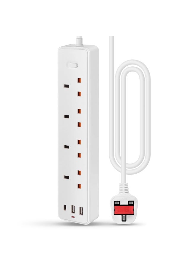 13A UK Plug Power Strip with 1.2M Extension Cord, Surge Protected Multi Socket Extension Lead, 4 AC Outlets + 2 USB Ports + 1 PD Type-C Port, Safety On/Off Switch for Home & Office Use - Image 1