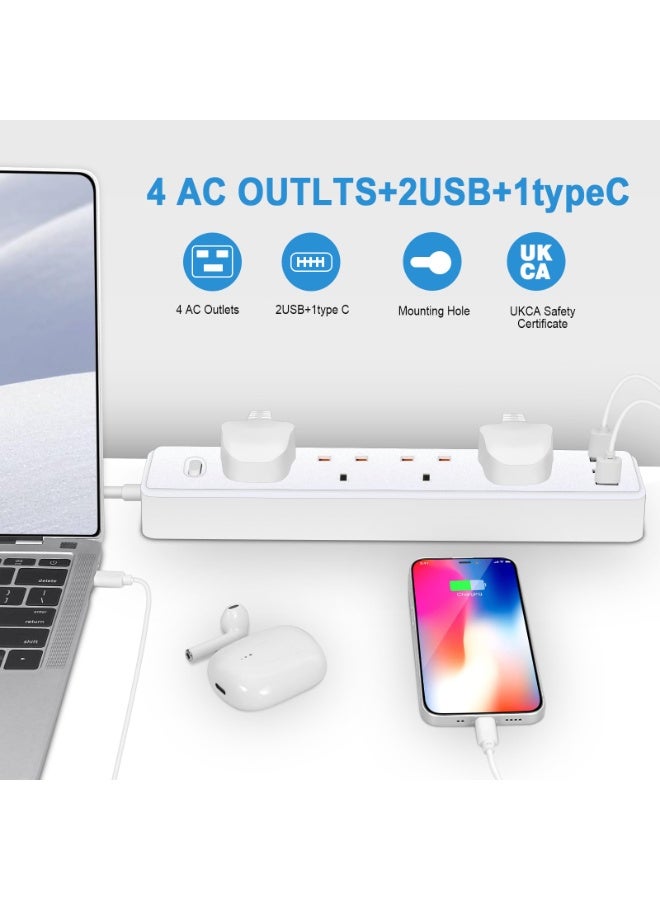 13A UK Plug Power Strip with 1.2M Extension Cord, Surge Protected Multi Socket Extension Lead, 4 AC Outlets + 2 USB Ports + 1 PD Type-C Port, Safety On/Off Switch for Home & Office Use - Image 3
