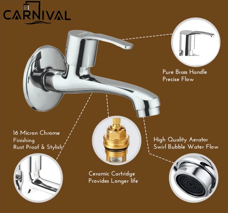 Carnival Brass Long Body Bib Tap for BathroomKitchenWashbasin with Wall Flange Chrome Finish 2 Year Warranty Long Body Bib Cock Tap FaucetWall Mount Installation Long Body Tap Pack of 1 - Image 3