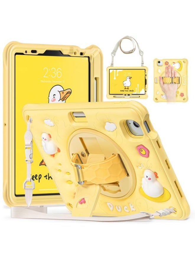 Case for iPad (A16) 11th 10th Generation 10.9" for Kids Boys, Heavy Duty Rugged Cute Cartoon Duck Cover with pen+Swivel Stand+Handle Strap, Yellow - Image 1