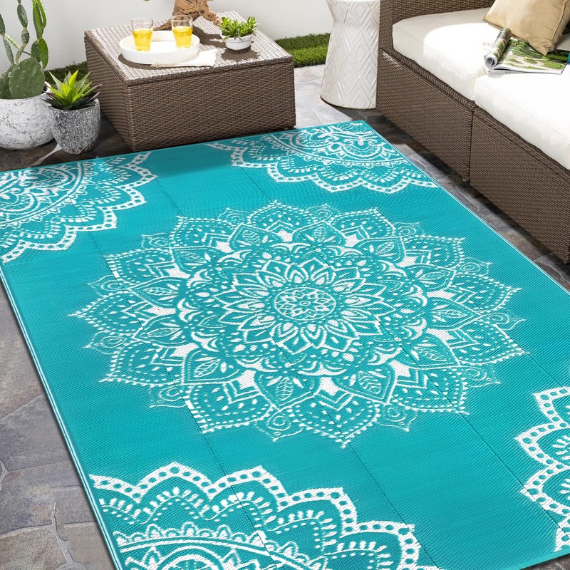 Yamaziot Waterproof Outdoor Rug 6x9 ft, Reversible Plastic Straw Rug for Patio Clearance, Camping, RV Mat, Large Outside Rug Carpet for Porch, Deck, Backyard, Balcony, Picnic (Blue) - Image 1