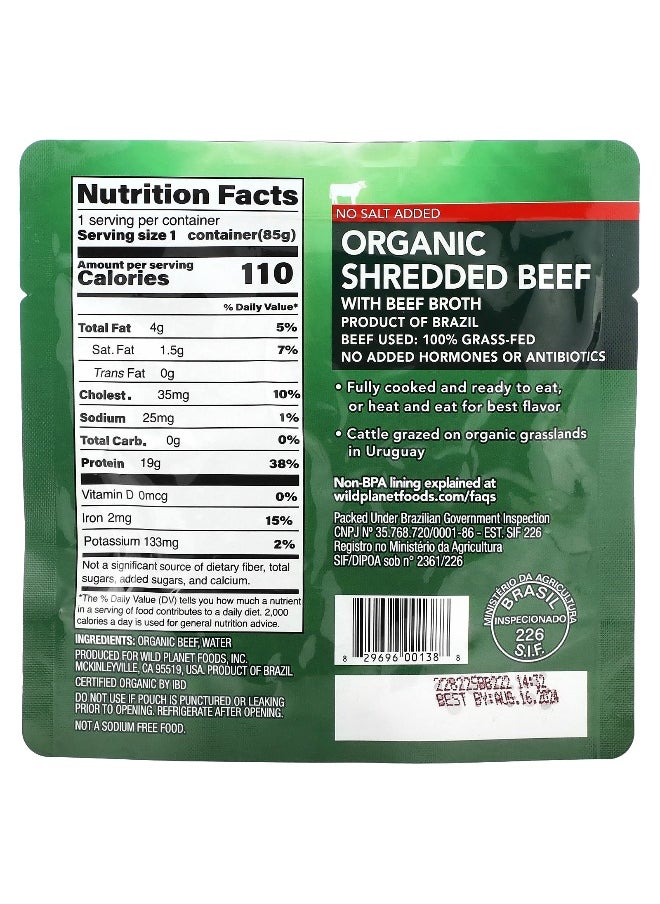 Wild Planet Wild Planet, Organic Shredded Beef with Beef Broth, No Salt Added, 3 oz (85 g)  - Image 2
