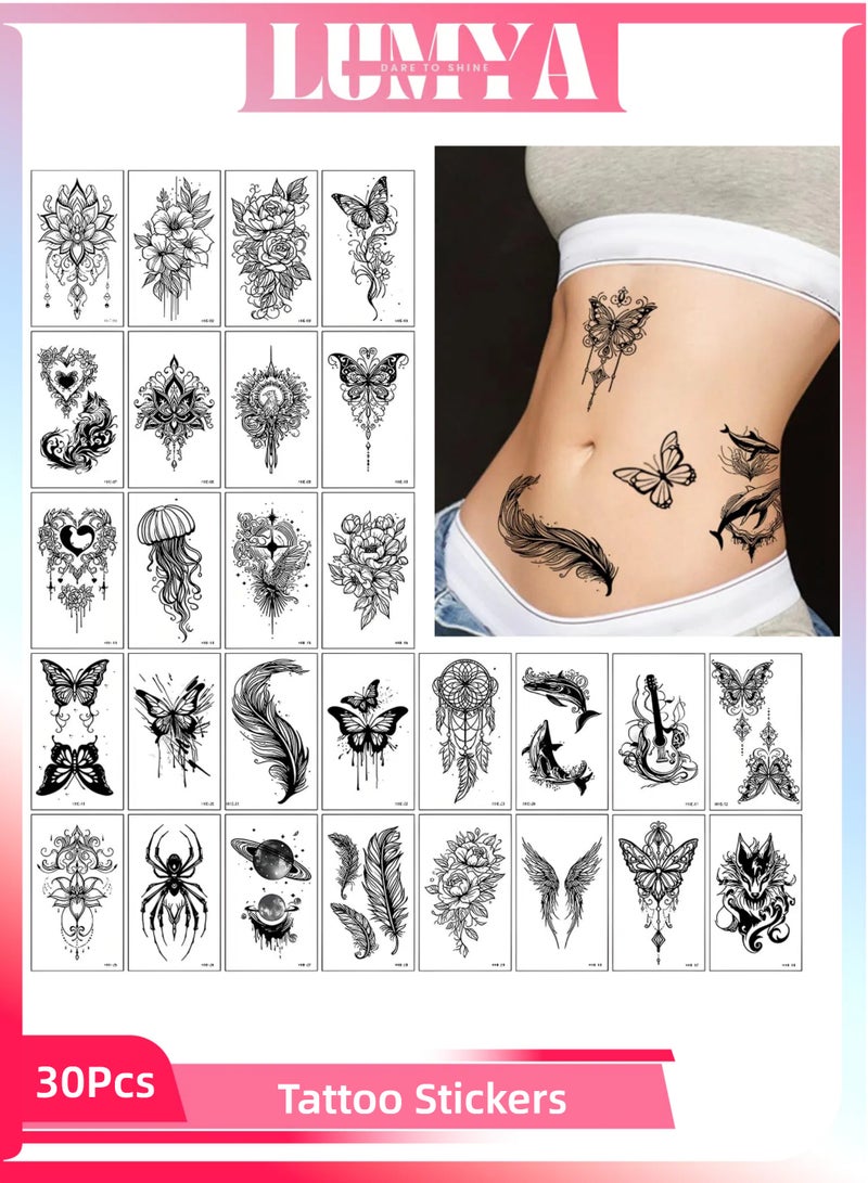 لوميا 30 ورقة وشم مؤقتة داكنة واقعية مقاومة للماء تدوم طويلاً ملصقات للجسم للبالغين والأطفال للحفلات والمهرجانات والشاطئ - Image 1