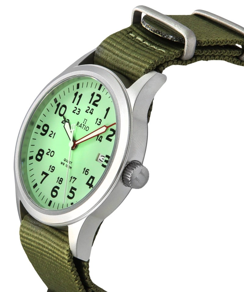 RATIO Field Analog Watch Sapphire Crystal Nylon Strap Easy Reader Casual Watch Japanese Quartz 100m Water Resistant Military Watch for Men (Green) - Image 4