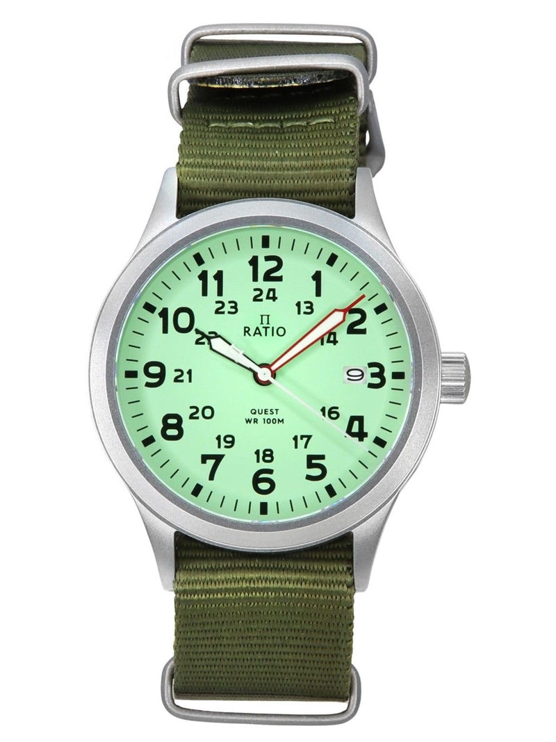 RATIO Field Analog Watch Sapphire Crystal Nylon Strap Easy Reader Casual Watch Japanese Quartz 100m Water Resistant Military Watch for Men (Green) - Image 1