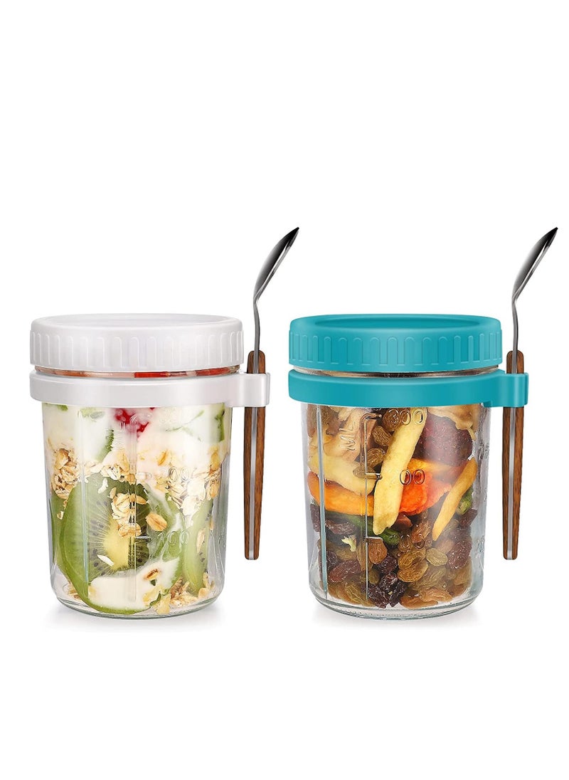 Arabest - Overnight Oats Container with Lid and Spoon, 2PCS 350ml Overnight Oats Jars, Breakfast Container, Cereal, Milk, Vegetable and Fruit Salad Storage Container with Measurement Marks - Image 1