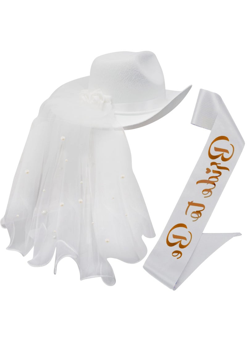 Bridal Cowboy Hat and Veil Bachelorette Party,White Cowgirl Hat Wedding Bridal Shower Decoration,Bride to be Gift,Country-Western Bachelorette Novelty