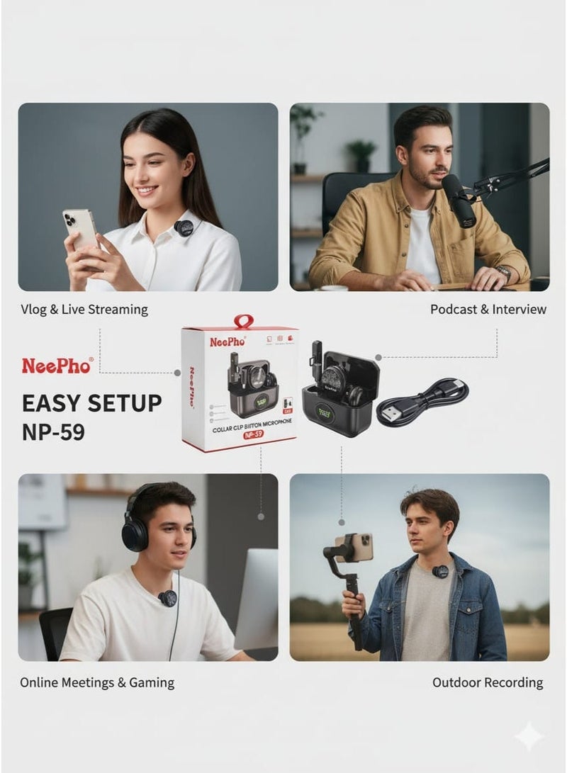 NeePho NP-59 Wireless Lavalier Microphone Collar Clip , Portable Button Mic with Noise Reduction, Plug & Play, 2.4GHz Transmission, Long Battery Life , Compatible with iPhone, Android, YouTube, TikTok & Live Streaming - Image 4