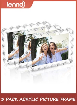 3 Pack Acrylic Picture Frame: 10x15CM Magnetic Picture Frames, Double Sided Magnet Frames,10+10mm Thick Block, Clear Photo Scalloped Frames Freestanding for Desktop Display - view 5