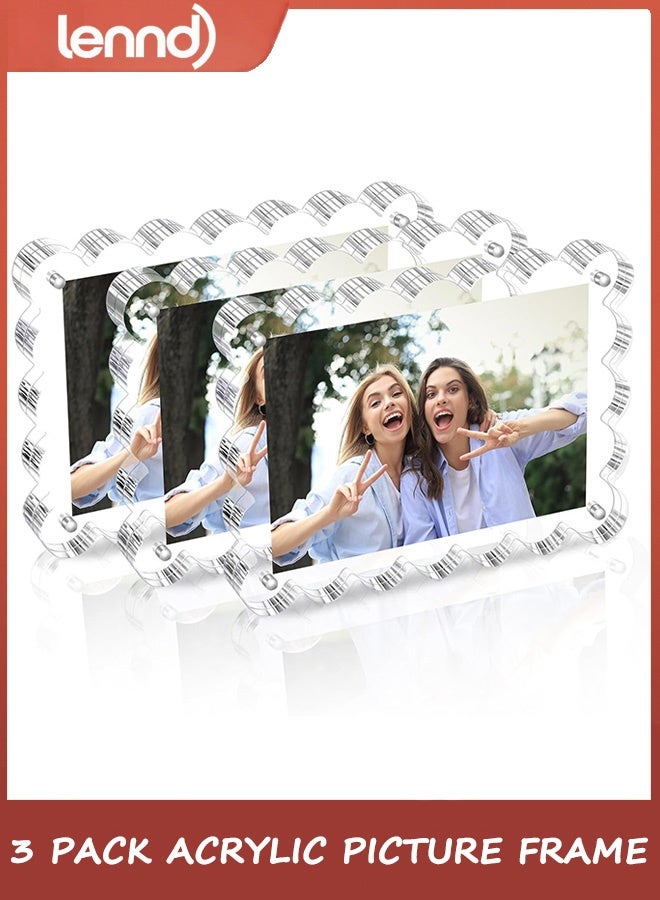 LENND 3 Pack Acrylic Picture Frame: 10x15CM Magnetic Picture Frames, Double Sided Magnet Frames,10+10mm Thick Block, Clear Photo Scalloped Frames Freestanding for Desktop Display - Image 5
