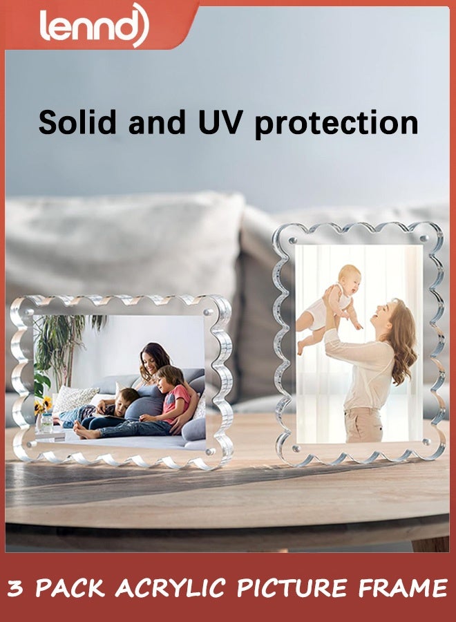 LENND 3 Pack Acrylic Picture Frame: 10x15CM Magnetic Picture Frames, Double Sided Magnet Frames,10+10mm Thick Block, Clear Photo Scalloped Frames Freestanding for Desktop Display - Image 4