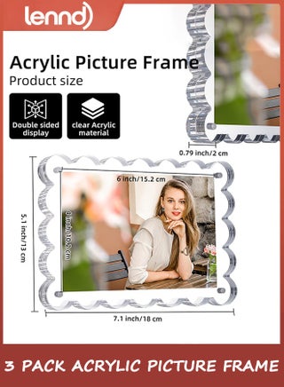 3 Pack Acrylic Picture Frame: 10x15CM Magnetic Picture Frames, Double Sided Magnet Frames,10+10mm Thick Block, Clear Photo Scalloped Frames Freestanding for Desktop Display - view 2