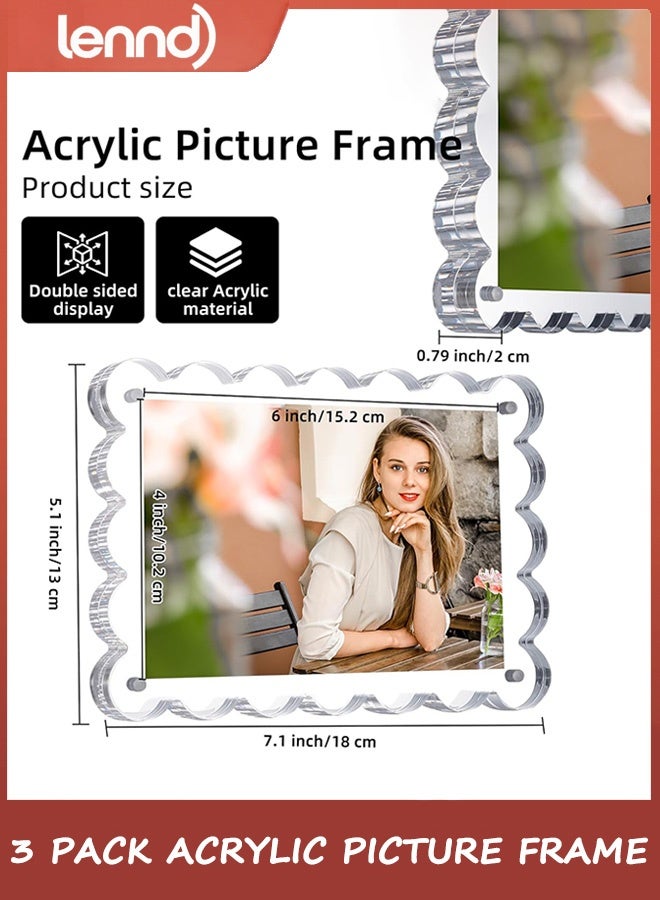 LENND 3 Pack Acrylic Picture Frame: 10x15CM Magnetic Picture Frames, Double Sided Magnet Frames,10+10mm Thick Block, Clear Photo Scalloped Frames Freestanding for Desktop Display - Image 2