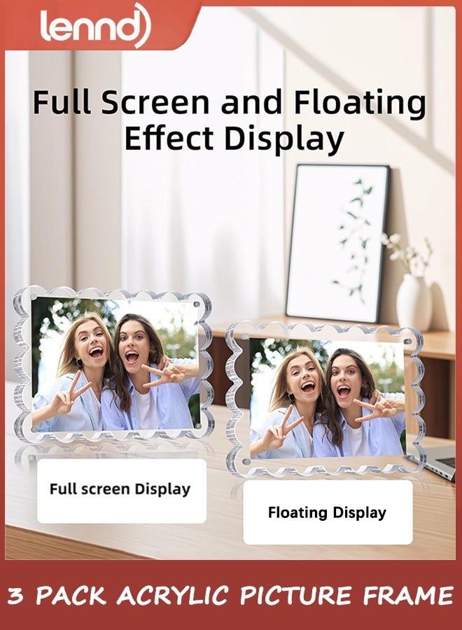 LENND 3 Pack Acrylic Picture Frame: 10x15CM Magnetic Picture Frames, Double Sided Magnet Frames,10+10mm Thick Block, Clear Photo Scalloped Frames Freestanding for Desktop Display - Image 3