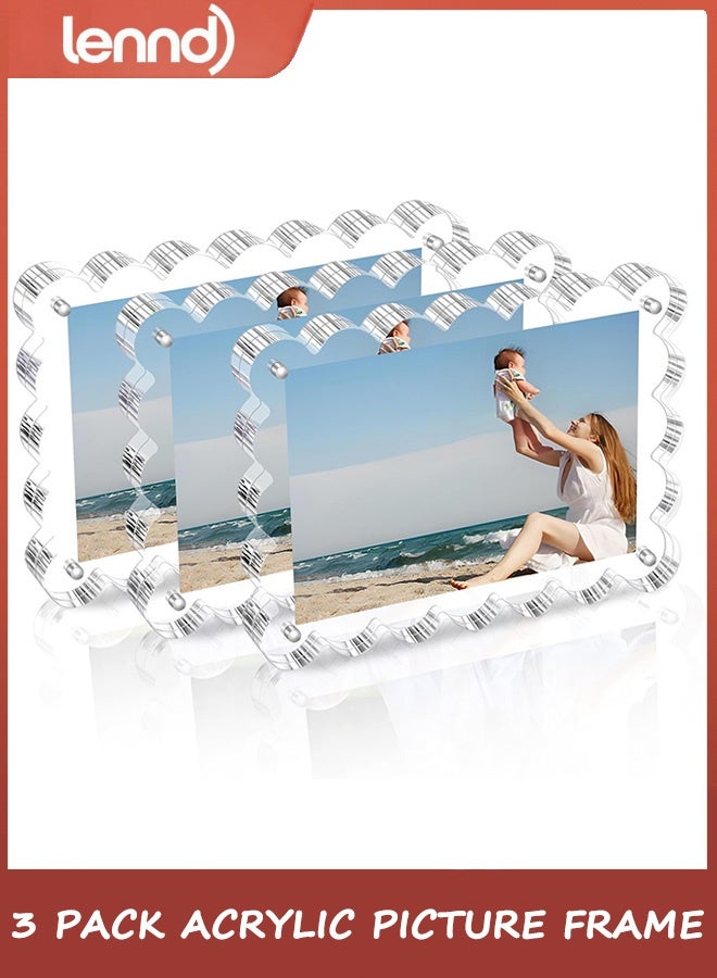 LENND 3 Pack Acrylic Picture Frame: 10x15CM Magnetic Picture Frames, Double Sided Magnet Frames,10+10mm Thick Block, Clear Photo Scalloped Frames Freestanding for Desktop Display - Image 1