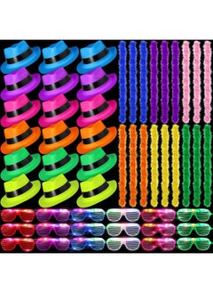 Maitys 54 Pieces Neon Party Supplies Glow In The Dark 18 Pcs Neon Gangster Party Hats With 18 Pcs Light Up Led Flashing Shutter Shades Glasses 18 Pcs Colorful Feather Boas For 80'S Style Carnival Halloween  - Image 1