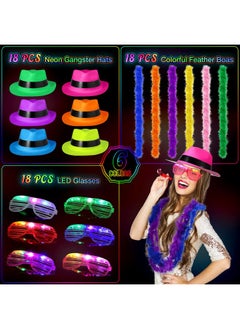 Maitys 54 Pieces Neon Party Supplies Glow In The Dark 18 Pcs Neon Gangster Party Hats With 18 Pcs Light Up Led Flashing Shutter Shades Glasses 18 Pcs Colorful Feather Boas For 80'S Style Carnival Halloween  - Image 3
