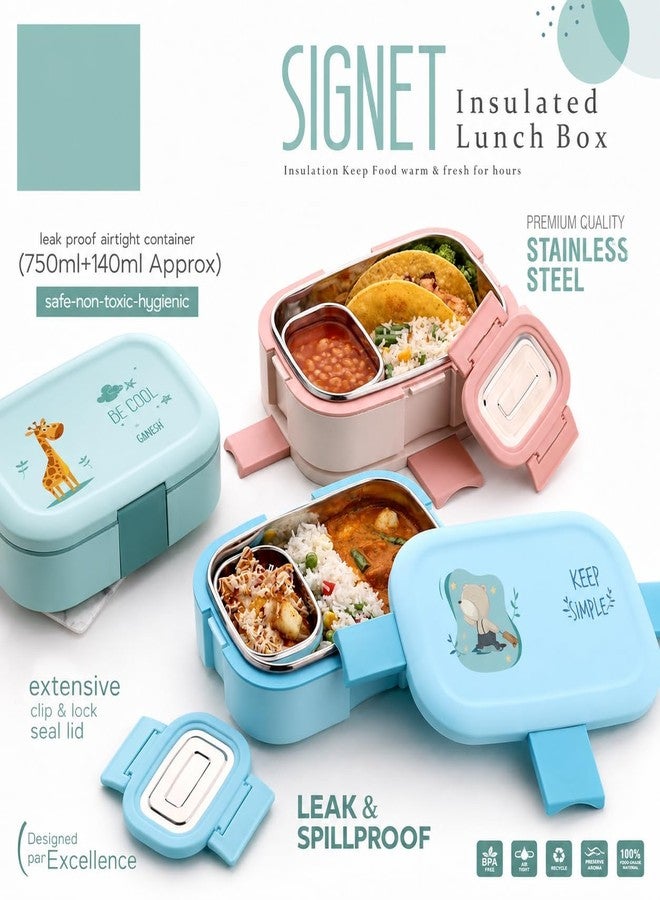 Ganraj Stainless Steel Signet Insulated Lunch Box Container with Airtight Lid for Office & School Use/Food Grade/Air Tight/Easy to Carry/Leak Proof (750ml +140ml) Multicolor - Image 5