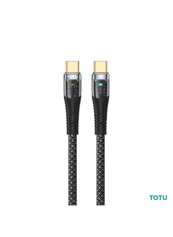 Totu 100W USB-C to USB-C Fast Charging Cable (1.5m, Black) - High-Density Braided Data & Sync Cord with LED Indicator & Gold-Plated Connectors - Black - Image 1