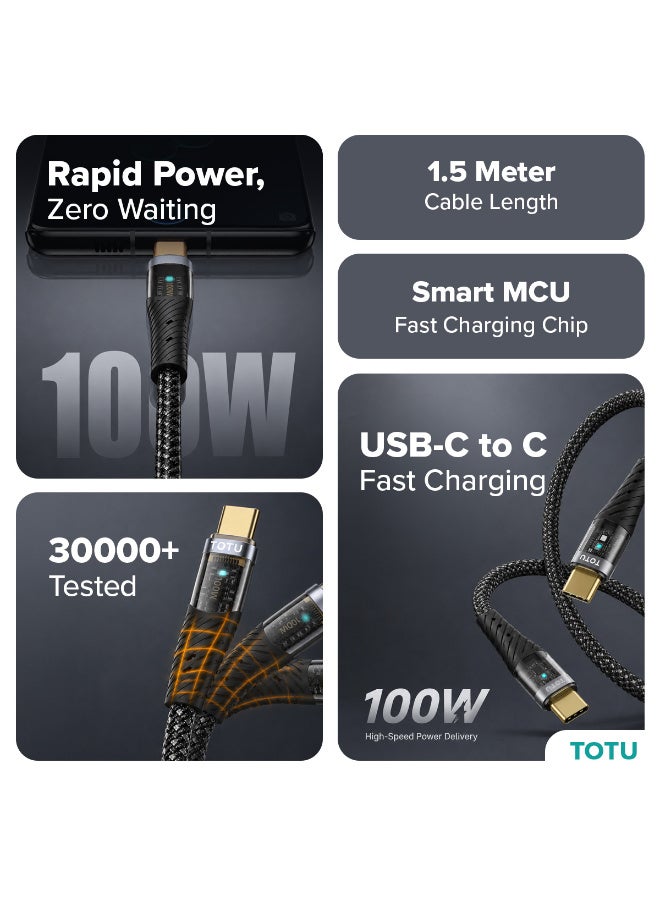 Totu 100W USB-C to USB-C Fast Charging Cable (1.5m, Black) - High-Density Braided Data & Sync Cord with LED Indicator & Gold-Plated Connectors - Black - Image 2