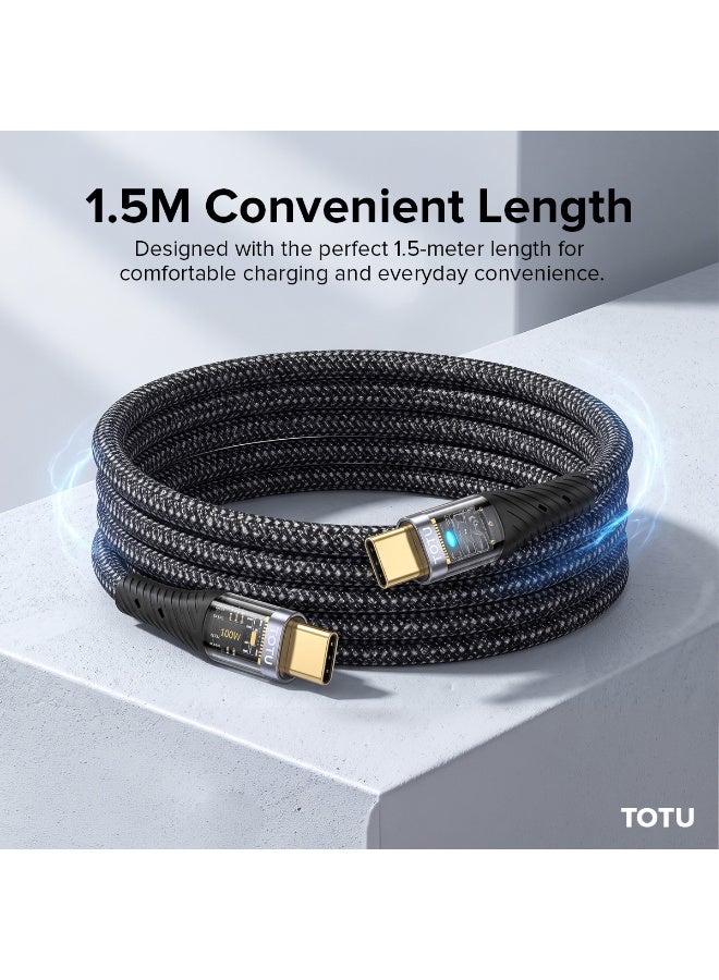 Totu 100W USB-C to USB-C Fast Charging Cable (1.5m, Black) - High-Density Braided Data & Sync Cord with LED Indicator & Gold-Plated Connectors - Black - Image 3