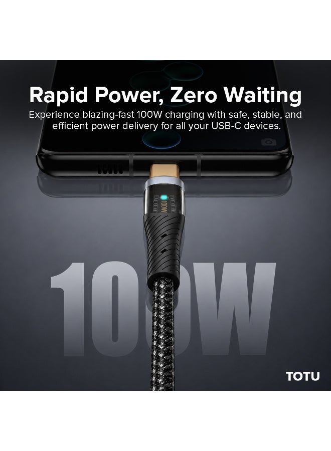 Totu 100W USB-C to USB-C Fast Charging Cable (1.5m, Black) - High-Density Braided Data & Sync Cord with LED Indicator & Gold-Plated Connectors - Black - Image 4