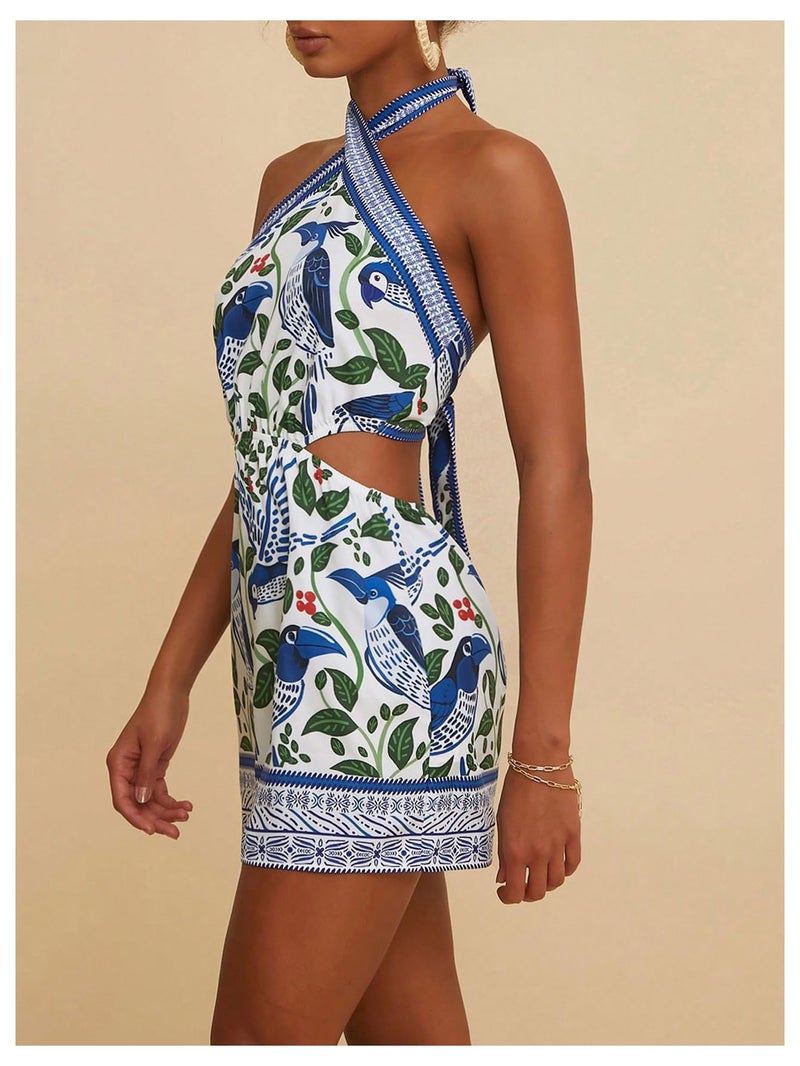 MakeMeChic Women's Boho Mini Dress Summer Beach Vacation Halter Dresses Floral Sundress Blue and White Small - Image 2
