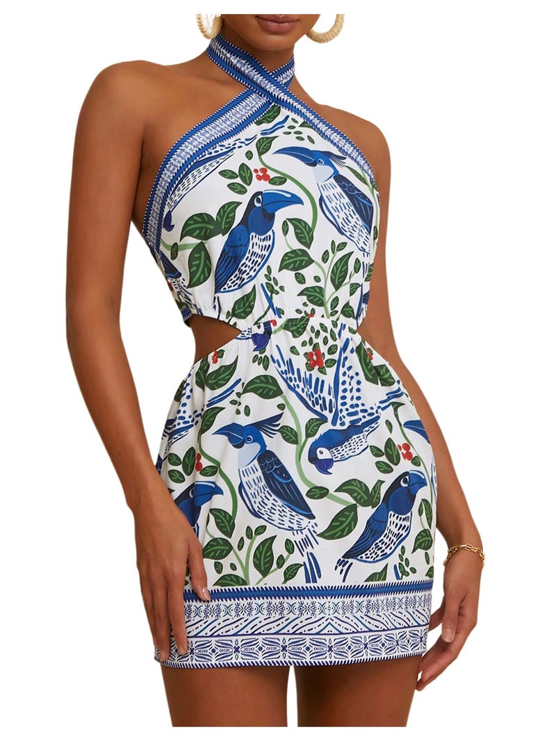 MakeMeChic Women's Boho Mini Dress Summer Beach Vacation Halter Dresses Floral Sundress Blue and White Small - Image 1