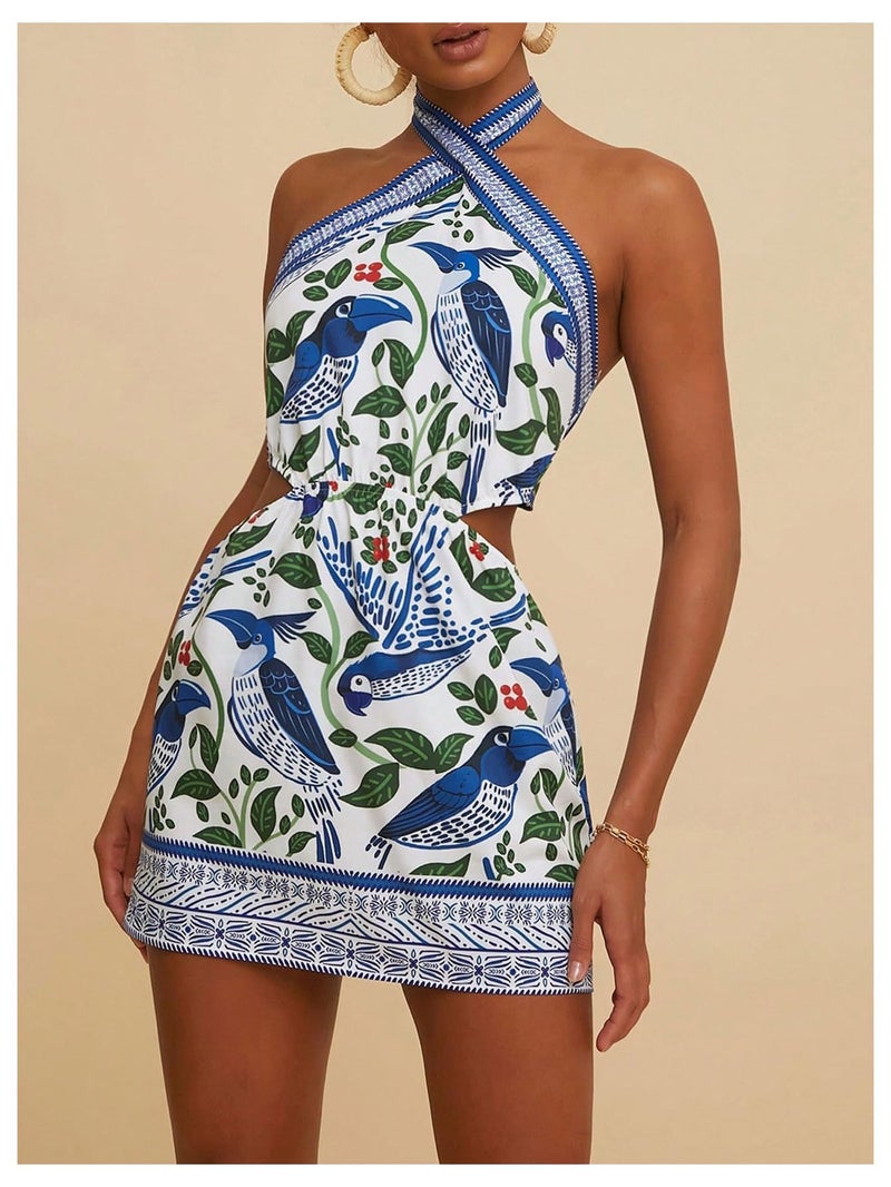 MakeMeChic Women's Boho Mini Dress Summer Beach Vacation Halter Dresses Floral Sundress Blue and White Small - Image 3