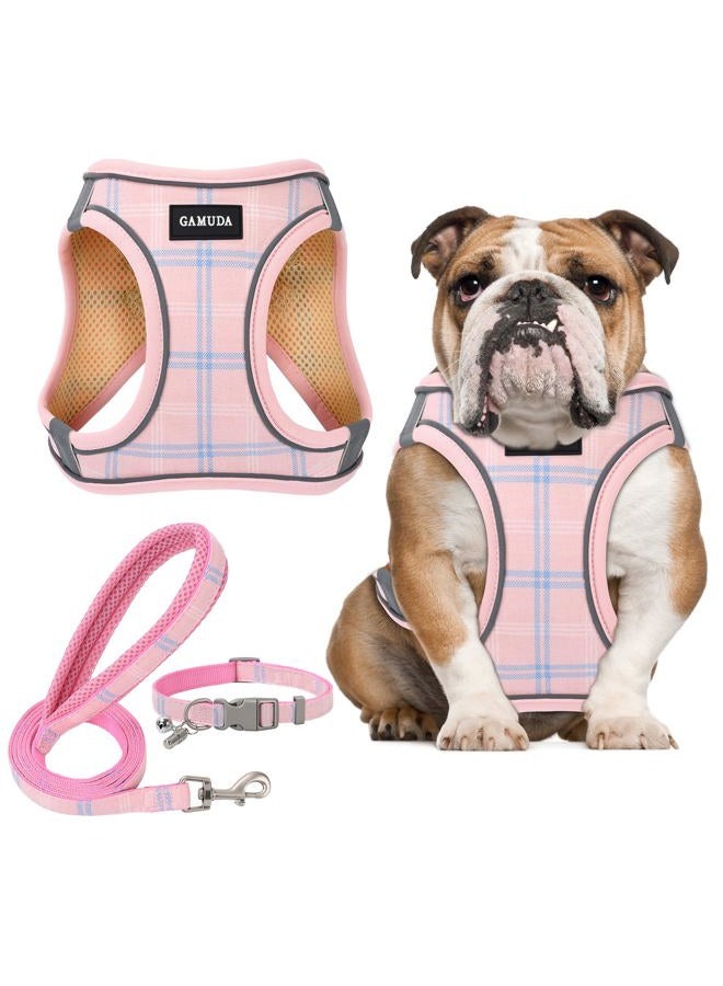 GAMUDA Small Dog Harness Collar and Leash Set, Step in No Chock No Pull Soft Mesh Adjustable Dog Vest Harnesses Plaid Reflective for Dogs Puppy Cats Kitten Rabbit (Pink, L) - Image 1