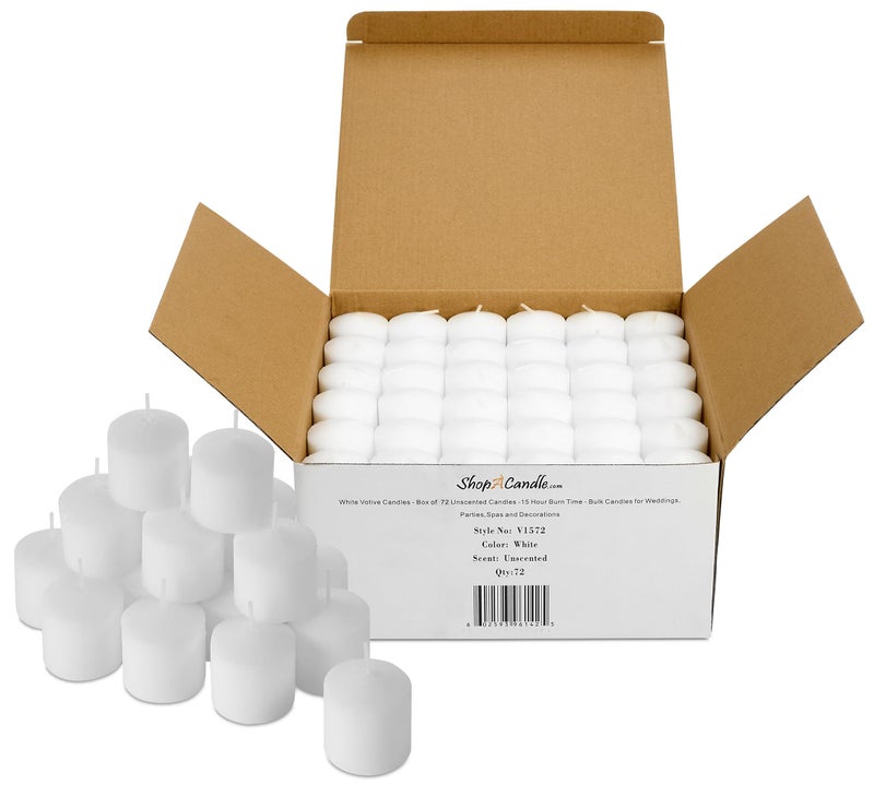 Bulk Pack of 72 White Votive Candles Box of 72 Unscented Bulk Candles 15 Hour Burn Time for Weddings Restaurants Parties Spa and Decorations