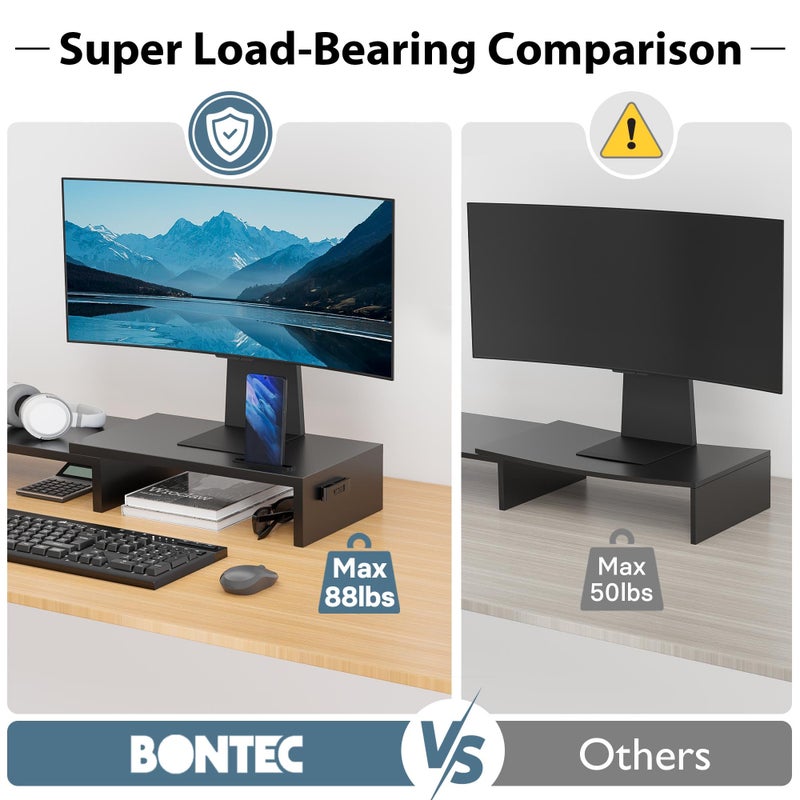 BONTEC Dual Monitor Stand Riser with Smartphone Holder, Adjustable Length & Swivel Angle, Ergonomic Wooden Desktop Organizer for PC Monitor, Laptop, Printer, Large Storage, Black - Image 5