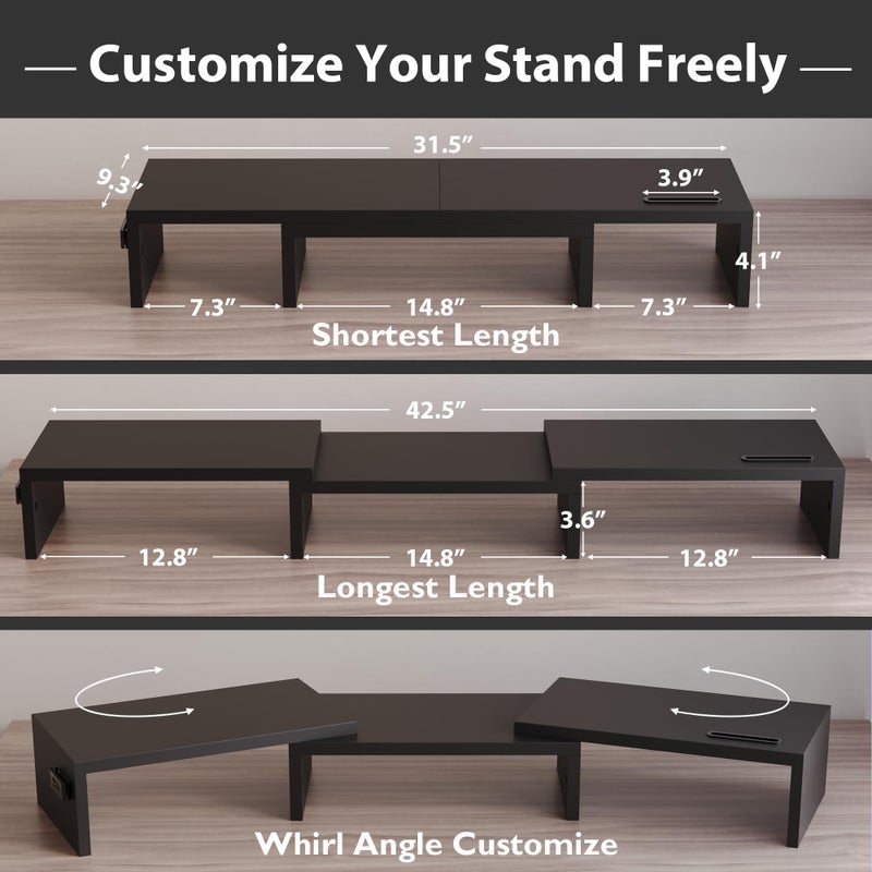 BONTEC Dual Monitor Stand Riser with Smartphone Holder, Adjustable Length & Swivel Angle, Ergonomic Wooden Desktop Organizer for PC Monitor, Laptop, Printer, Large Storage, Black - Image 3