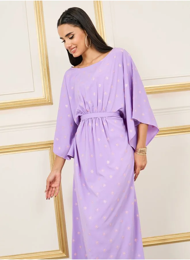 Styli Embroidered Batwing Sleeves Self Tie Up Kaftan