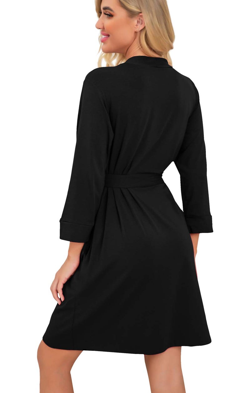 PrinStory Women Kimono Robes Short Lightweight Robe Soft Knit Sleepwear Casual Knit Bathrobe Ladies Loungewear Black-Large - Image 4