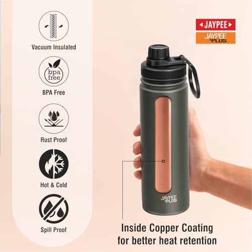 Jaypee Plus Hylux ISI Certified Vaccum Insulated Thermosteel 650 ml Water Bottle 24 Hours Hot and Cold Double Walled Anti Skid Rustproof Leakproof Bottle for Office, School, Gym, Trekking,Green - Image 2