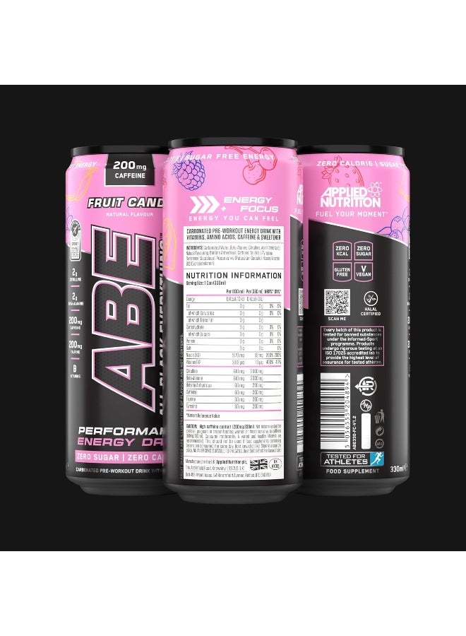 Applied Nutrition ABE Pre Workout Cans - All Black Everything Energy + Performance Drink, ABE Carbonated Beverage Sugar Free with Caffeine (Pack of 12 Cans x 330ml) (Fruit Candy)