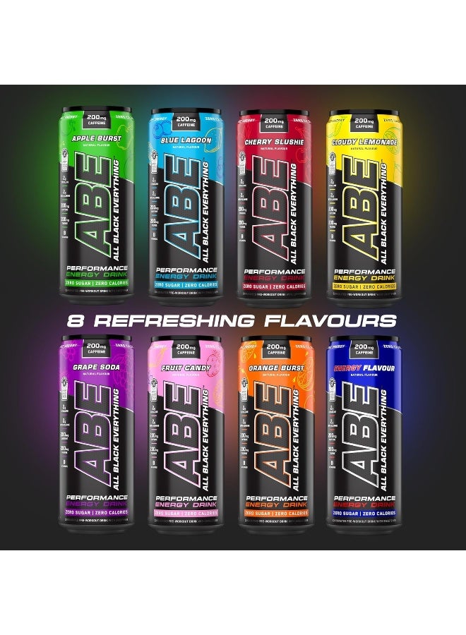 Applied Nutrition ABE Pre Workout Cans - All Black Everything Energy + Performance Drink, ABE Carbonated Beverage Sugar Free with Caffeine (Pack of 12 Cans x 330ml) (Fruit Candy)