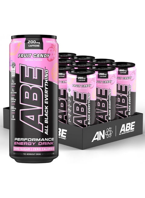 Applied Nutrition ABE Pre Workout Cans - All Black Everything Energy + Performance Drink, ABE Carbonated Beverage Sugar Free with Caffeine (Pack of 12 Cans x 330ml) (Fruit Candy)